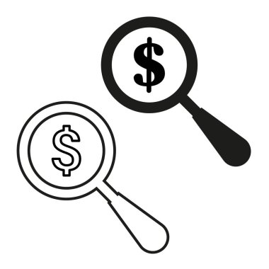 Para vektörünü ara. Siyah ve beyaz. Dolar sembollü büyüteç. Basit finans simgeleri. EPS 10.