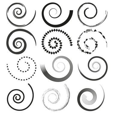 Spiral vektörü şekillendirir. Siyah ve beyaz. Soyut girdap tasarımları. Çeşitli desenler. EPS 10.