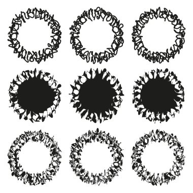 Dekoratif daire çerçeveleri. Soyut yaprak desenleri. Siyah ve beyaz. Vektör ayarlandı. EPS 10.