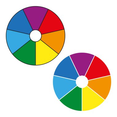 Renkli tekerlek çizimleri. Parlak bölümlü çemberler. Çoklu renk vektör tasarımı. Grafik palet sembolleri. EPS 10.