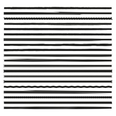 Farklı vektör çizgileri. Çeşitli siyah desenler. Yatay dekoratif elementler. Tasarım elemanları. EPS 10.