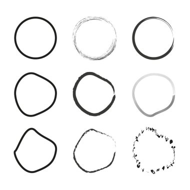 Çember çerçevelerin vektör kümesi. Çeşitli el yapımı stiller. Siyah ve beyaz tasarımlar. Basit ve sanatsal unsurlar. EPS 10.