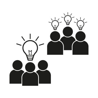 Takım beyin fırtınası ikonu. Fikirleri olan insanlar. İş konsepti vektörü. Ampul sembolü. EPS 10