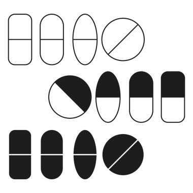 Haplar ve kapsüller. İlaç vektör simgeleri. Siyah ve beyaz. Eczacılık sembolleri. EPS 10.