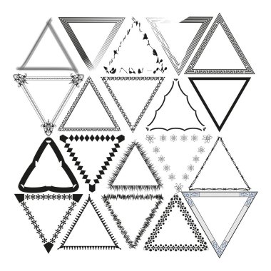 Soyut üçgen çerçeveler. Geometrik sınır tasarımları. Dekoratif çizgi sanatı. Vektör çizimi. EPS 10.