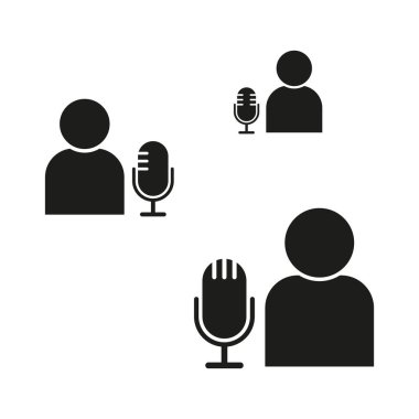 Mikrofon ve insan simgeleri. Podcast kayıt sembolleri. Siyah siluet tasarımı. Vektör çizimi. EPS 10.