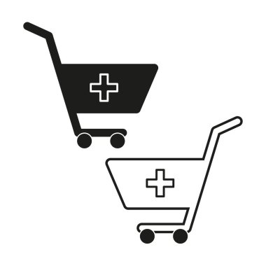 Sağlık arabası simgeleri. Alışveriş arabası sembolü. Sağlık hizmetleri haçı. Siyah beyaz vektör. EPS 10.