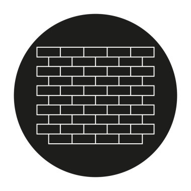 Tuğla duvar simgesi. Beyaz tuğlalar ana hatları. Dairesel siyah arkaplan. Vektör çizimi. EPS 10.