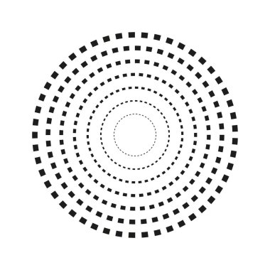 Dairesel noktalı desen. Geometrik eşmerkezli daireler. Siyah ve beyaz vektör. Minimalist soyut tasarım. EPS 10.