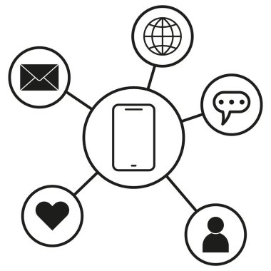 Mobil iletişim ağı. Sosyal medya simgeleri. Vektör çizimi. Bağlantı konsepti. EPS 10.