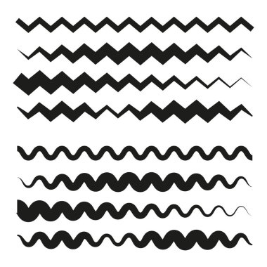 Zigzag ve dalga çizgileri. Geometrik desen ayarlandı. Minimum vektör çizimi. Siyah ve beyaz. EPS 10.