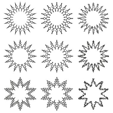 Soyut dairesel desenler. Dekoratif mandala tasarımları. Siyah vektör ayarlandı. Geometrik simetri sanatı. EPS 10.
