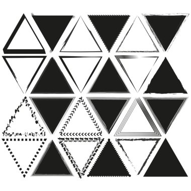 Soyut üçgen simgeleri. Geometrik sınır desenleri. Siyah ve beyaz vektör. Sıkıntılı tasarım unsurları. EPS 10.