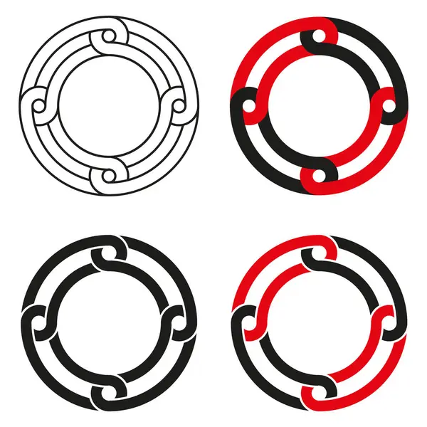 Dairesel desen simgeleri. Siyah, kırmızı, beyaz vektör. Geometrik dekoratif semboller. Karmaşık yuvarlak tasarımlar. EPS 10.