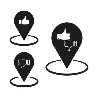 Konum simgesi ayarlandı. Baş parmaklar yukarı ve aşağı. Geri bildirim sembolleri. Siyah vektör işaretleri. EPS 10.