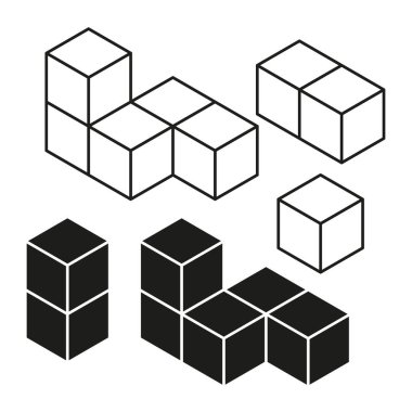 3D küp vektör seti. Isometric siyah beyaz bloklar. Geometrik şekiller koleksiyonu. Soyut tasarım. EPS 10.