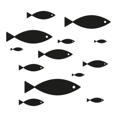 Balık sürüsü. Siyah vektör siluetleri. Basit balık ikonları. Deniz hayatı çizimi. EPS 10.