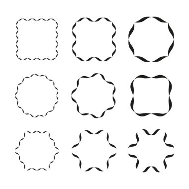 Dalga çerçeve vektörü ayarlandı. Dalgalı kenar şekilleri. Siyah soyut çerçeveler. Dairesel ve kare tasarımlar. EPS 10.