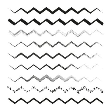 Zigzag fırça darbeleri. Çeşitli zikzak çizgileri. Vektör tasarımı ayarlandı. Dekoratif grafik elementler. EPS 10.