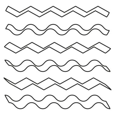 Zigzag ve dalga çizgileri. Siyah ve beyaz vektör ayarlandı. Geometrik ve dalgalı desenler. Soyut sınırlar. EPS 10.