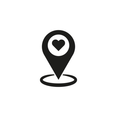 Konum kalp ikonu. Aşk iğnesi sembolü. Harita işaretleyici vektörü. Asgari siyah tasarım. EPS 10.
