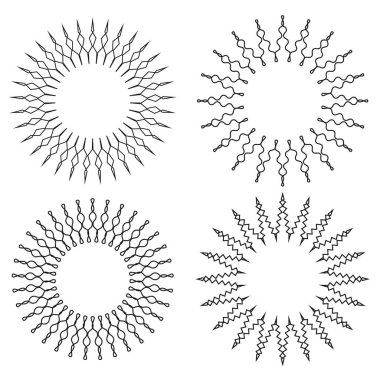 Soyut dairesel desenler. Geometrik güneş patlaması şekilleri. Vektör illüstrasyon seti. Siyah ve beyaz. EPS 10.