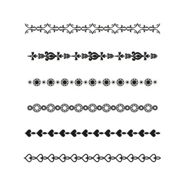 Dekoratif sınır desenleri. Siyah ve beyaz. Çiçek ve geometrik tasarımlar. Vektör çizimi. EPS 10.