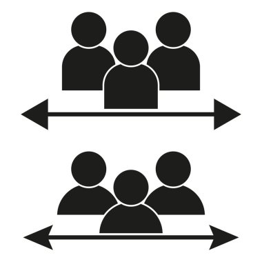 Sosyal uzaklık simgesi. Yönlü okları olan üç kişi. Siyah beyaz tasarım. EPS 10.