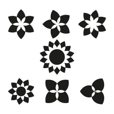 Çiçek ikonu seti. Siyah geometrik çiçekler. Minimalist taç yaprağı tasarımları. Soyut doğa sembolleri. EPS 10.