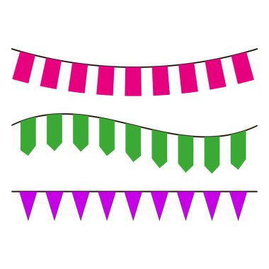 Renkli bayraklar. Pembe, yeşil ve mor çelenkler. Parti dekorasyonları. Vektör çizimi. EPS 10.