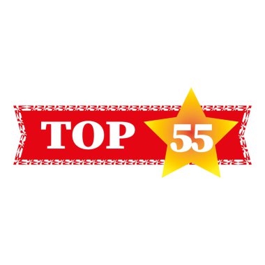 Top 55 banner. Number fifty five focus. Red ribbon background. Yellow star highlight. EPS 10. clipart