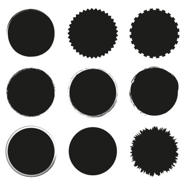 Siyah daire simgeleri. Çeşitli tarzlarda. Grunge vektör tasarımı. İzole şekiller. EPS 10.