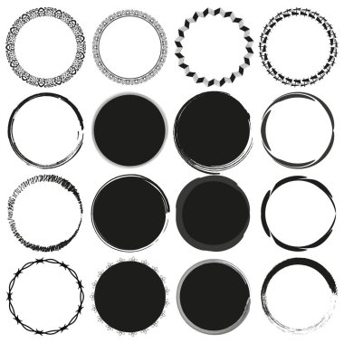 Dekoratif daire simgeleri. On altı farklı yuvarlak tasarım. Soyut siyah-beyaz vektör. EPS 10.