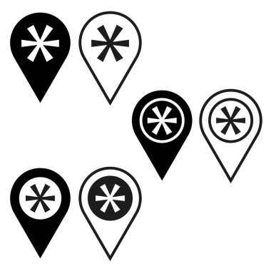 Harita konum simgeleri. Asterisk sembolü odaklanma. Basit siyah taslak. Vektör siyah kalemler. EPS 10.