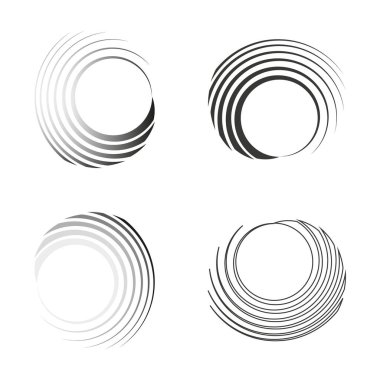 Soyut çember simgeleri. Gradyan radyal çizgiler. Siyah ve beyaz spiraller. Döner yuvarlak şekiller. EPS 10.
