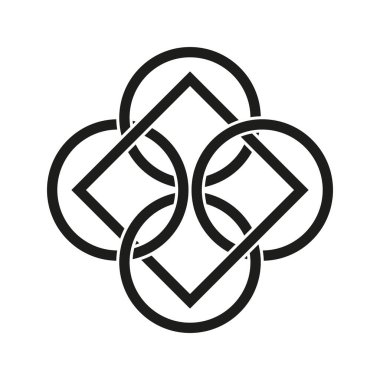 Soyut geometrik simge. Çemberler ve elmaslar kesişiyor. Minimalist siyah beyaz tasarım. Simetrik vektör şekli. EPS 10.