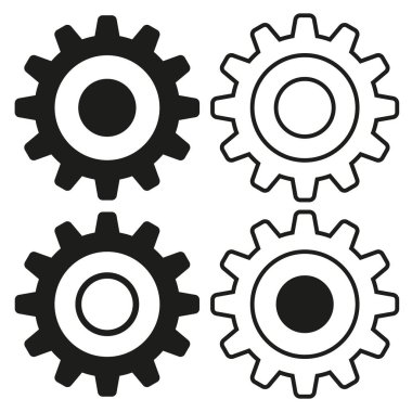 Vites simgesi ayarlandı. Endüstriyel çark sembolü. Makine mühendisliği grafiği. Siyah ve beyaz vektör. EPS 10.