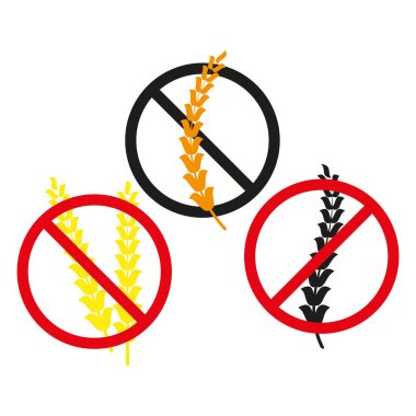 Buğday ikonu yok. Tahıl yasak işareti. Alerji uyarı sembolü. Renkli buğday çizimi. EPS 10.