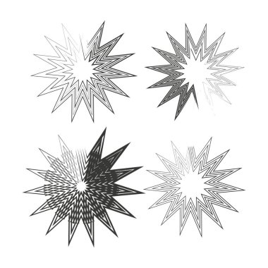 Soyut yıldız patlaması simgeleri. Dört eşsiz geometrik desen. Siyah ve beyaz gradyan etkileri. Dinamik dikenli şekiller. EPS 10.