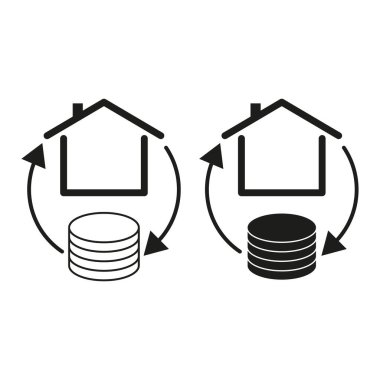 Gayrimenkul yatırım ikonları. Ev ve madeni para yığını sembolleri. Dairesel ok akışı gösteriyor. Vektör çizimi. EPS 10.