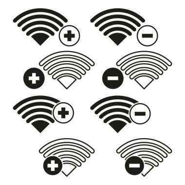 Wi-Fi sinyal simgeleri. Artı ve eksi sembolleri. Kablosuz ağ konsepti. Siyah ve beyaz vektör. EPS 10.