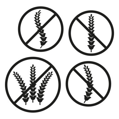 Bitki ikonu yok. Dört siyah beyaz içki yasağı sembolü. Bitkilerin üzeri çizilmiş dairesel işaretler. Basit vektör tasarımı. EPS 10.