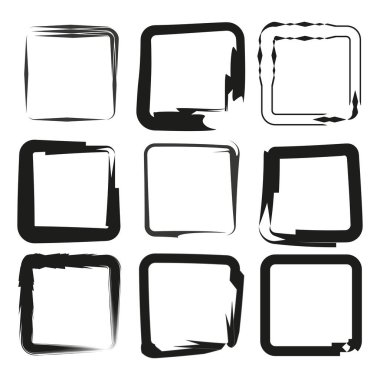 Distorted square frame set. Abstract black shapes. Nine unique variations. Dynamic edgy style. EPS 10.