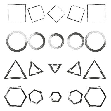 Geometrik şekiller ayarlandı. Pürüzlü kare, daire, üçgen, altıgen. El çizimi vektör elementleri EPS 10.