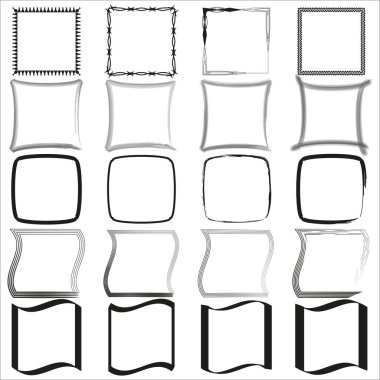 Dekoratif çerçeve seti. Dalgalı ve kare hatlı. Soyut sınır koleksiyonu. Siyah ve beyaz elementler. EPS 10.