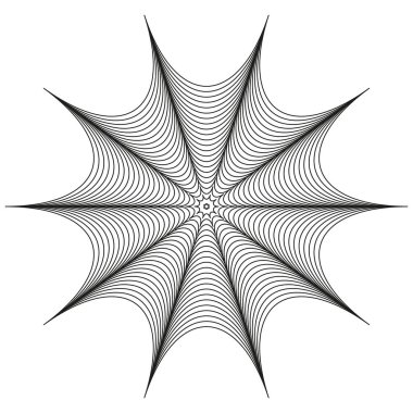 Geometrik yarıçaplı desen. İnce siyah çizgiler. Soyut yıldız patlaması şekli. Vektör çizimi. EPS 10.