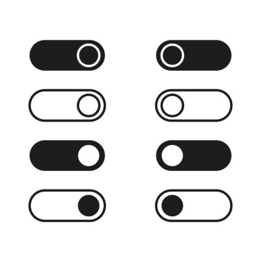 Set of eight toggle switch icons. Black and white vector controls. Simple on and off buttons. User interface concept. EPS 10. clipart