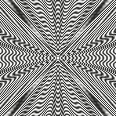 Dalgalı optik illüzyon. Radyal siyah çizgiler. Soyut hipnotik şablon. Geometrik görsel bozulma. EPS 10.