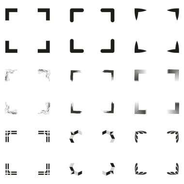 Soyut köşe çerçeve tasarımları seti. Siyah-beyaz geometrik, desenli ve sanatsal köşe elementlerin çeşitliliği. EPS 10.