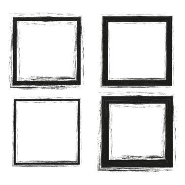 El çizimi kare çerçeveler. Sert desenli siyah kenarlar. Grunge tarzı dörtlü set. Basit geometrik taslak. EPS 10.